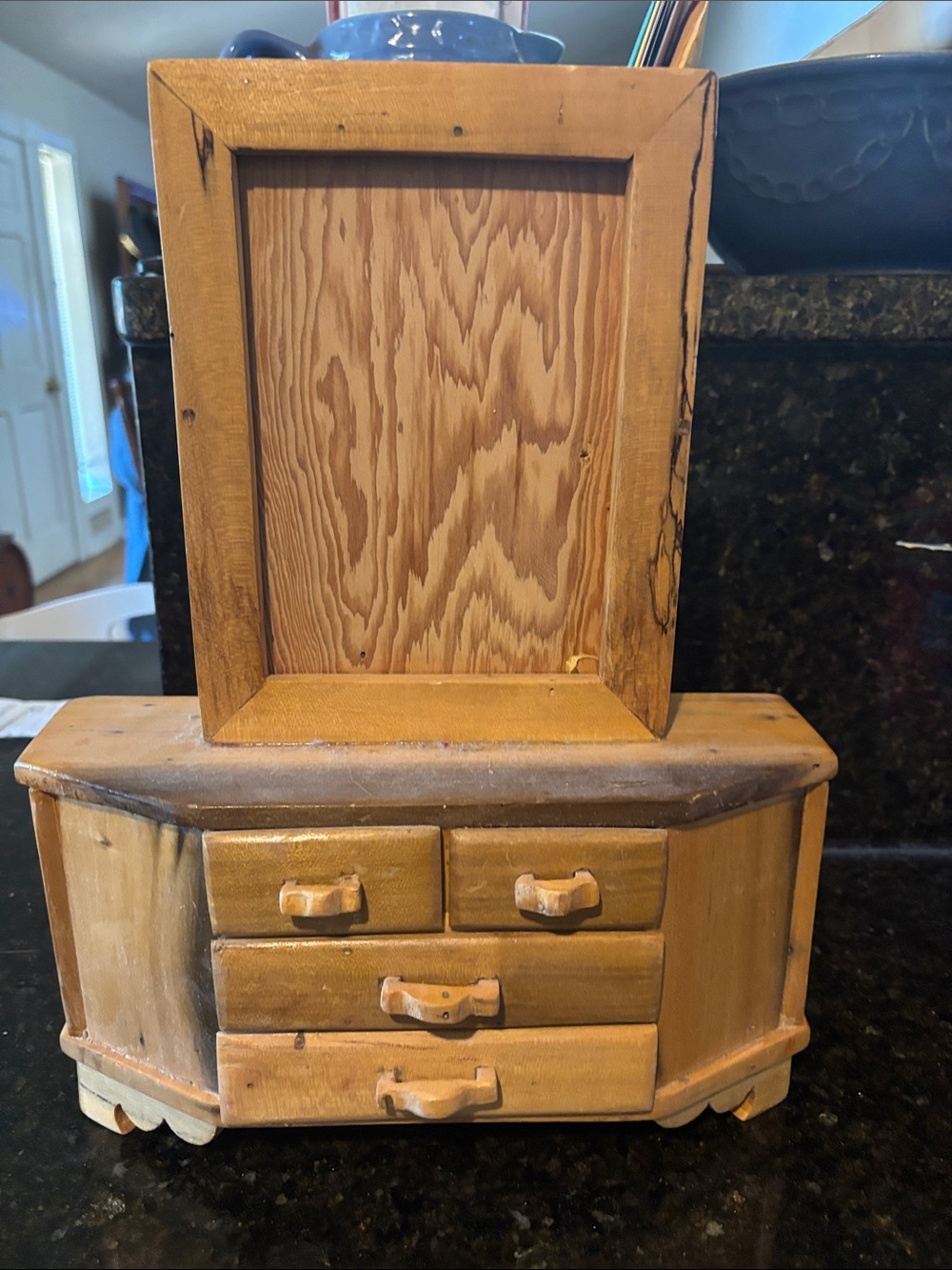 Vintage Handmade Wooden Jewelry Box with Mirror - Natural Wood Finish